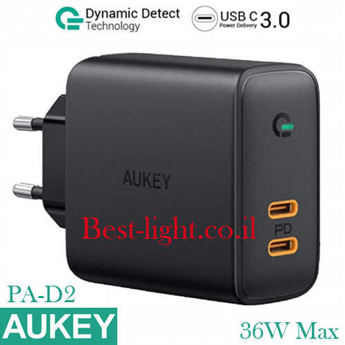 מטען קיר 2 כניסות AUKEY USB C PD 36W דגם PA-D2