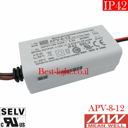 דרייבר מתח קבוע Mean Well 12V 8W 0-670mA דגם APV-8-12