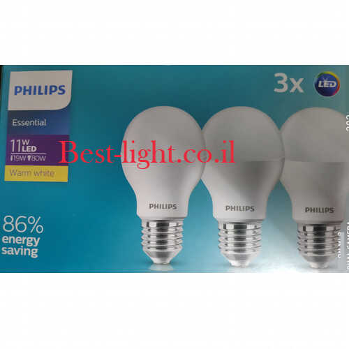 שלישיית נורות לד Philips Essential E27 11W 3000k 1150lm