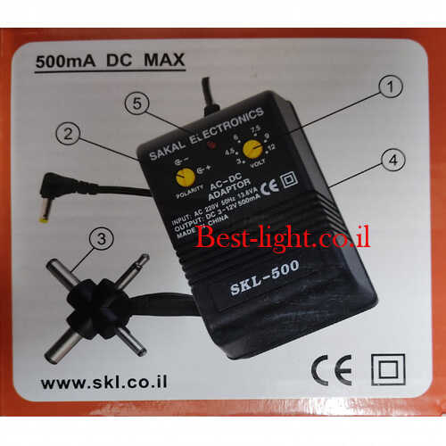 ספק כוח 500mA מתח משתנה 3-12V עם 5 תקעי DC שונים SAKAL
