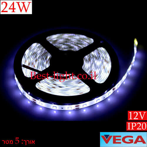 פס לד אור לבן 12V 24W IP20 באורך 5 מטר