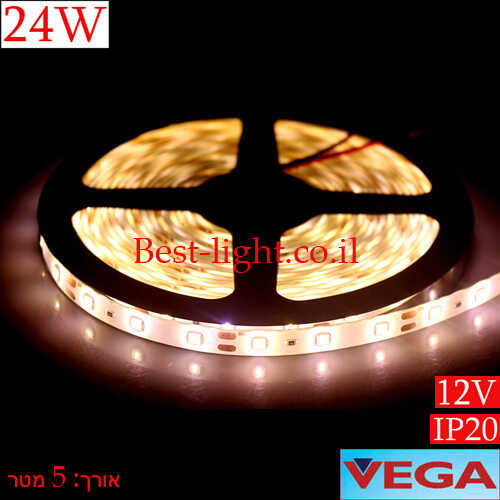 פס לד אור צהוב 12V 24W IP20 באורך 5 מטר