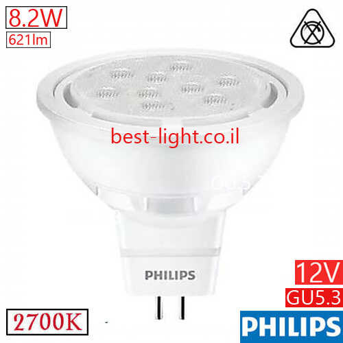 נורת דקרויקה לד PHILIPS 12V GU5.3 8.2W 2700k 621lm 36d